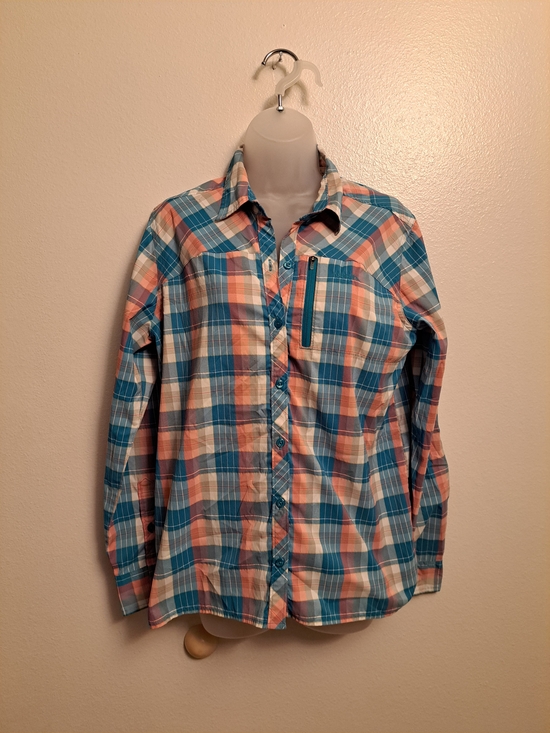 Ascend Tops - Ascend Lightweight Teal & Peach Plaid Casual Button-Down Shirt.Fishing,Hiking